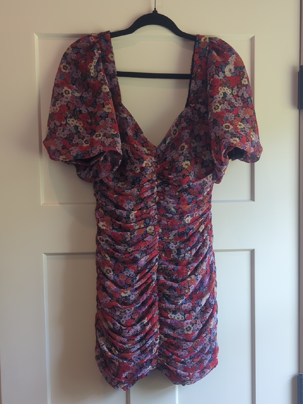 Zara Floral Ruched Puff-Sleeve Mini Cocktail Dress
